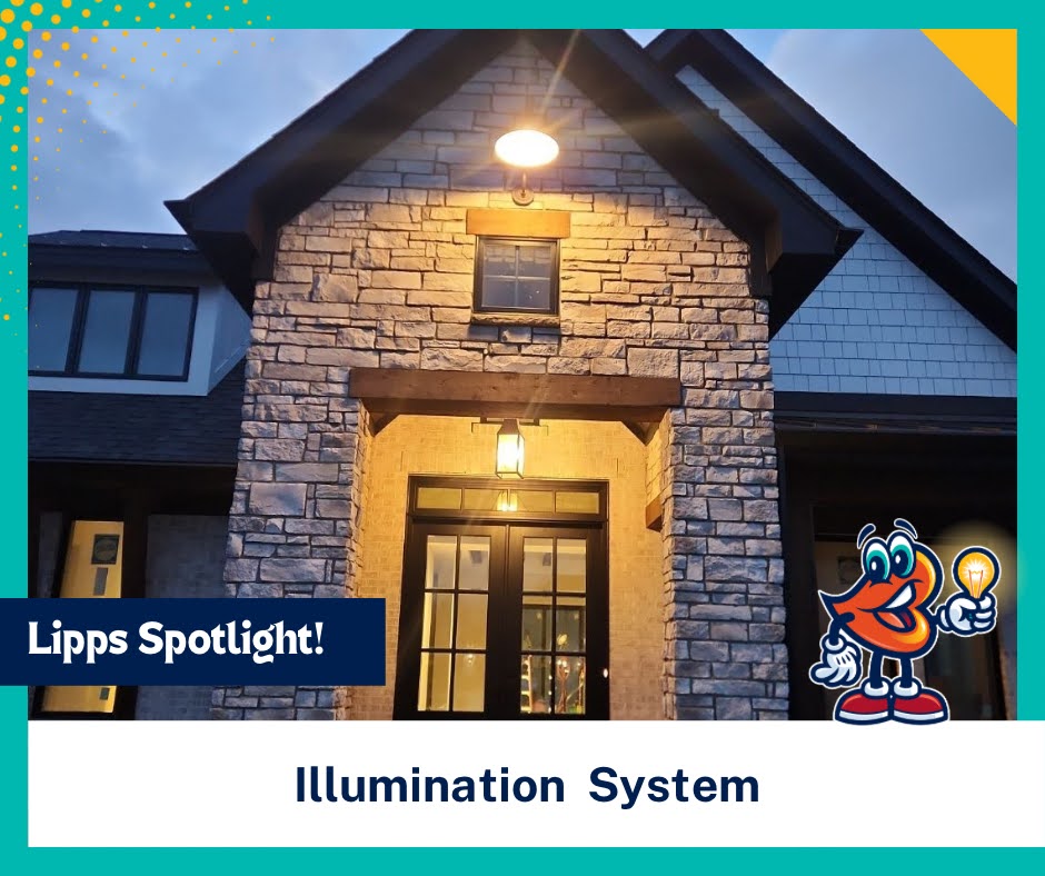 A house entrance with stone facade is lit by two exterior lights at dusk; a cartoon mascot holding a lightbulb is in the corner, with text reading "Illumination System" and "Lipps Spotlight!.