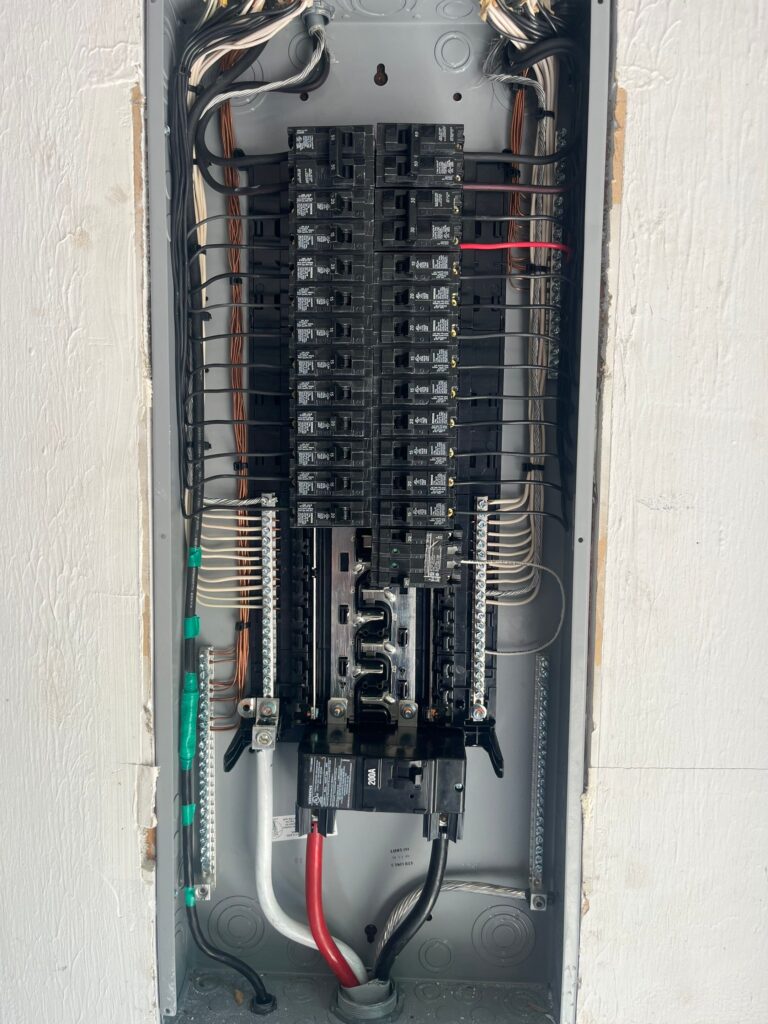 Electrical breaker panel with multiple circuit breakers, black and red power wires at the bottom, and organized copper grounding wires on each side.