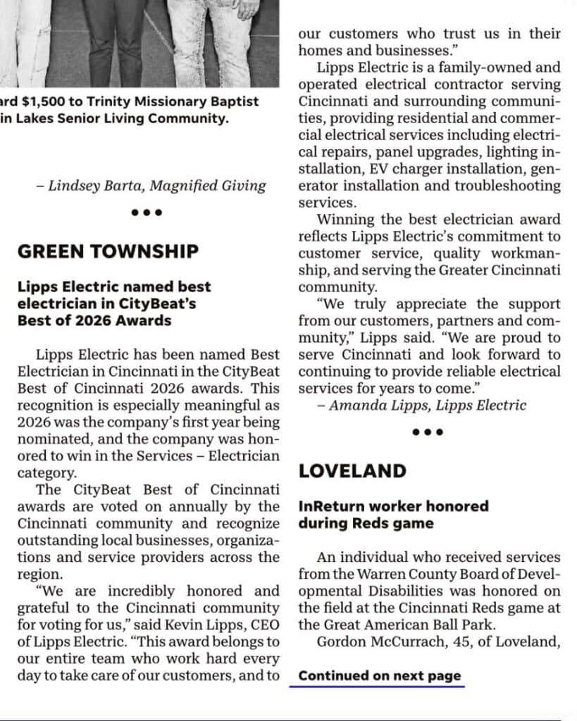 Lipps Electric named Best Electrician in Cincinnati in CityBeat Best of Cincinnati 2026